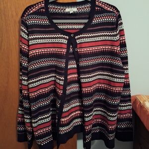 Croft And Barrow Women's Black, Red And White Striped Cardigan Sweater Size XXL